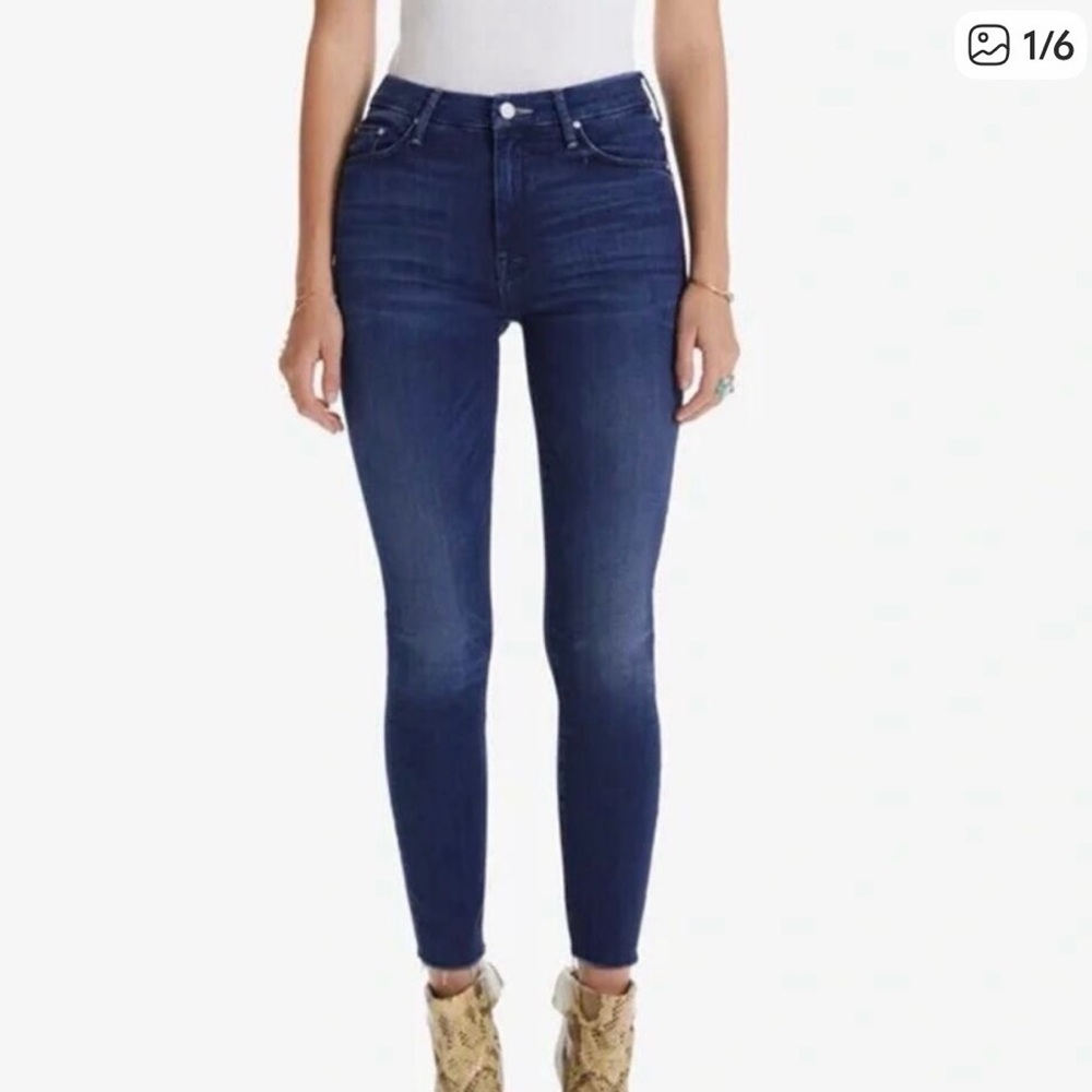 MOTHER High Waisted Looker Ankle Fray Jeans - Indigo